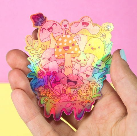 Happy Mushroom Psychedelic Holographic Vinyl Sticker