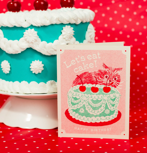 Let's Eat Cake Cat Risograph Birthday Card