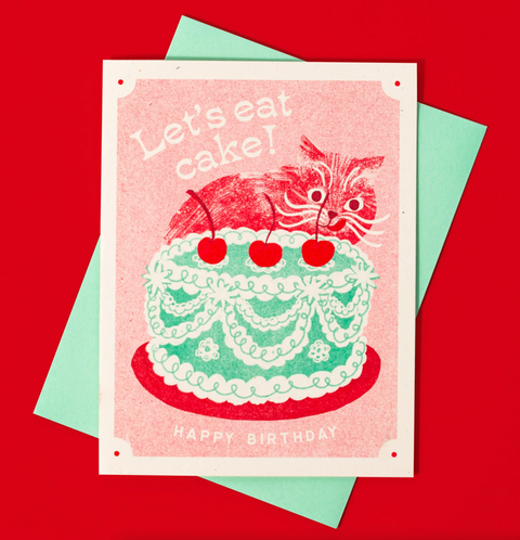 Let's Eat Cake Cat Risograph Birthday Card