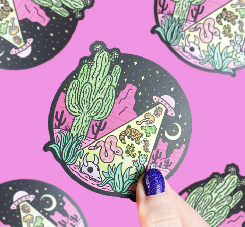 Desert Abduction UFO Metallic Vinyl Sticker