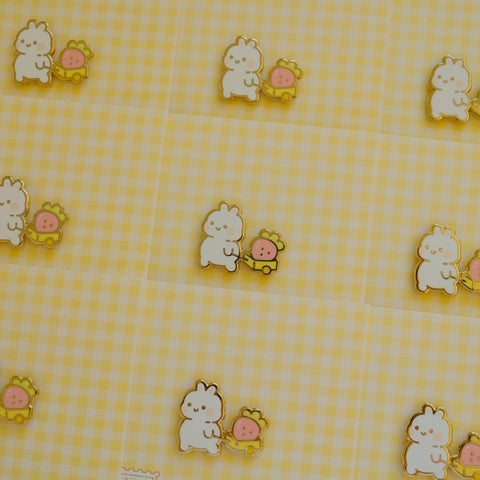 Bunny with Strawberry Wagon Enamel Pin