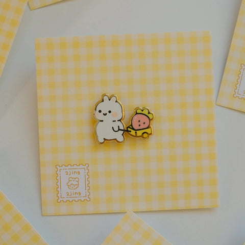 Bunny with Strawberry Wagon Enamel Pin