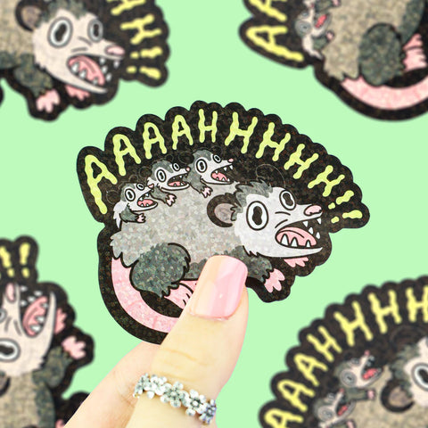 Screaming Opossum Glitter Vinyl Sticker