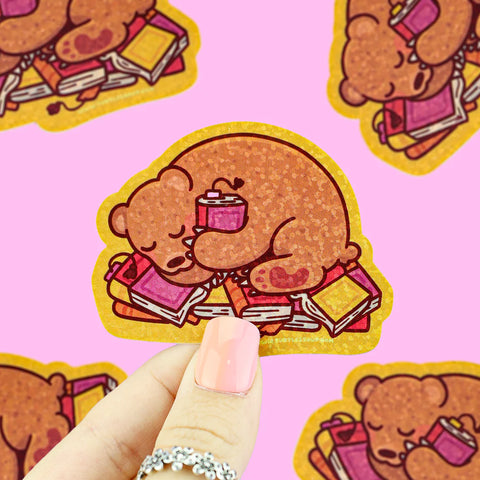 Sleepy Book Bear Glitter Vinyl Sticker