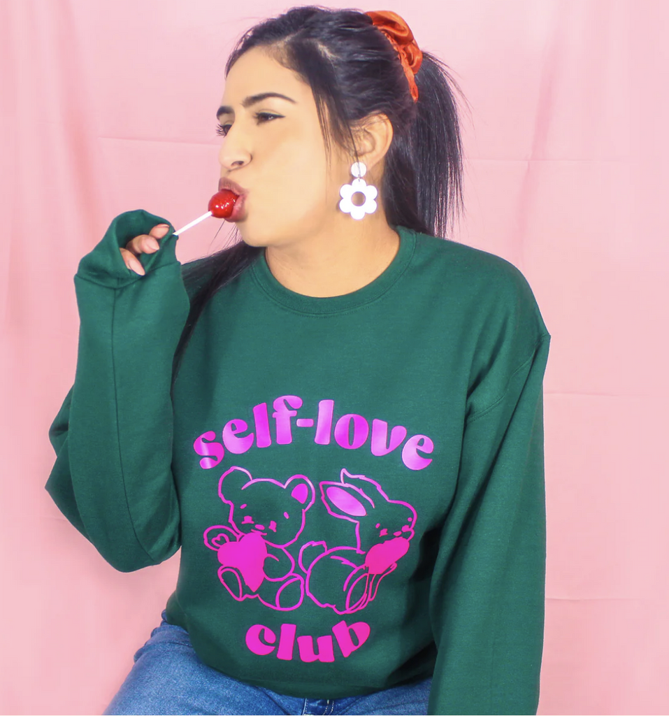 Self-Love Club Crewneck | Forest Green + Hot Pink