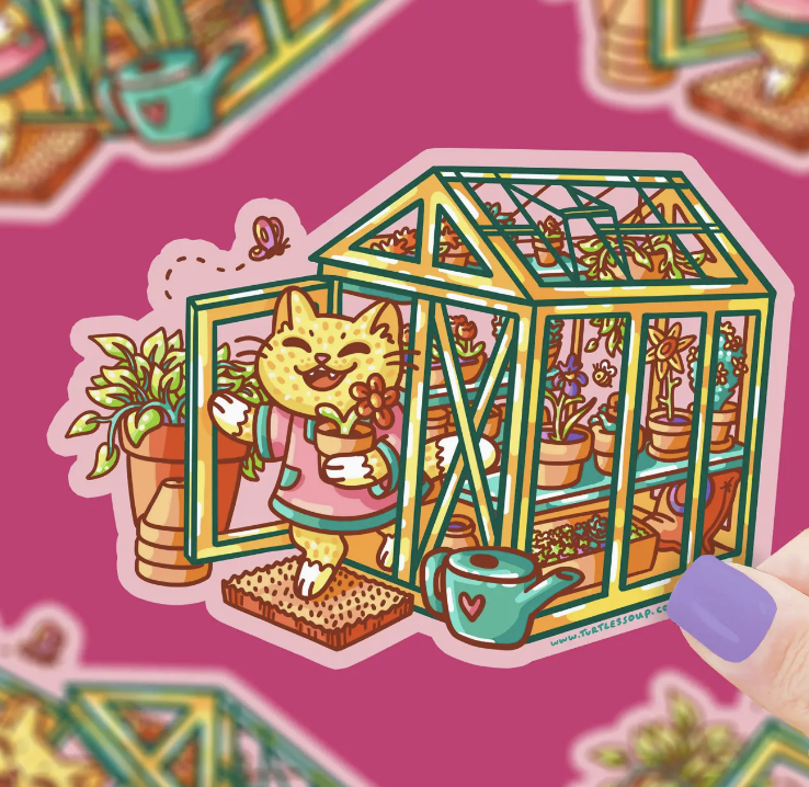 Boho Kitty Cottage Greenhouse Plant Lover Art Vinyl Sticker