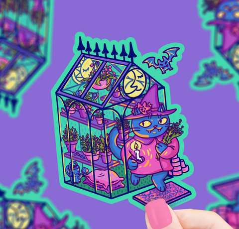 Witchy Greenhouse Kitty Fall Spooky Vinyl Sticker