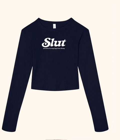 Y2K Long Sleeve Baby Tee "SLUT" | Navy T-Shirt + White Graphic