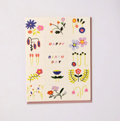 Grid Flower Doodles Birthday Card