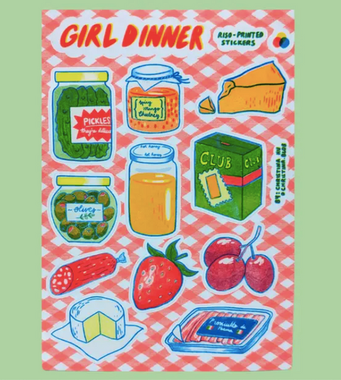 Girl Dinner Risograph Sticker Sheet | 5"x7" Waterproof Vinyl