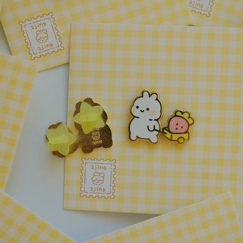 Bunny with Strawberry Wagon Enamel Pin